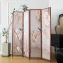 4 Panel Room Divider, 5.6 ft Tall Blackout Folding Privacy Screen - Freestanding Partition Wall with Double-Sided Patterns, Graceful Floral and Bird Artwork for Home Office (67" H x 63" W)