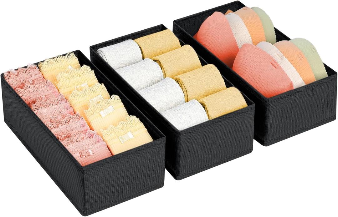 DIMJ Drawer Organizer - Small Clothes Organizer Set of 3, Drawer Dividers for Baby Clothes, Underwear, Socks, Bra, Belt, Tie - Black