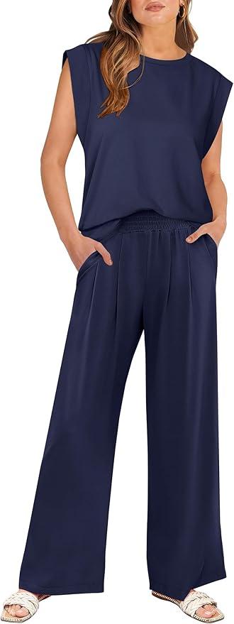 ANRABESS Women 2 Piece Outfits Tank Top & Palazzo Pants 2025 Summer Lounge Matching Sets Travel Vacation Beach Clothing, XL