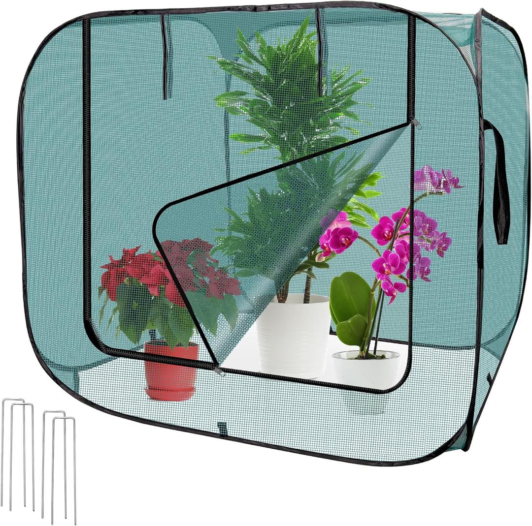 RGQSUN 1Pcs Pop-up Gardening Net Cover,47 x 47 x 43in Pest Guard Cover,Mesh Plant Cover with 4 Stakes,Plant Gardening Net for Vegetables Fruits Flowers