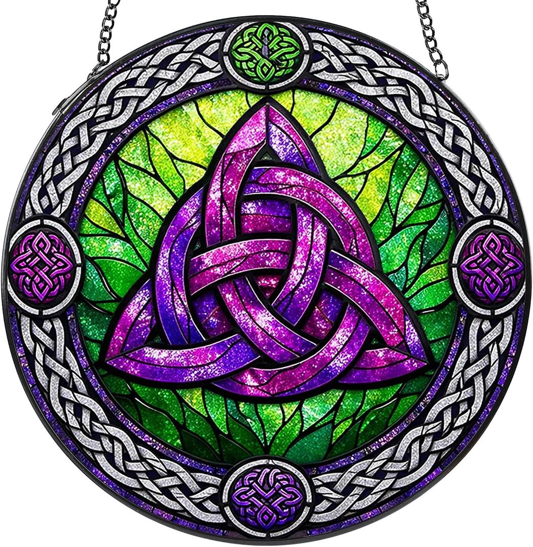 Stained Glass Window Hanging Suncatcher, 8" Round Celtic Knot Sun Catcher, Purple and Green Decorative Glass Art for Home Garden, Gift for Women Mom Gradma