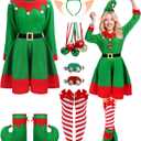 Suhine 12 Pcs Women Christmas Elf Costume Santa's Helpers Dress Outfit Elf Hat Bells Ears Shoes Xmas Fancy for Party (XL)