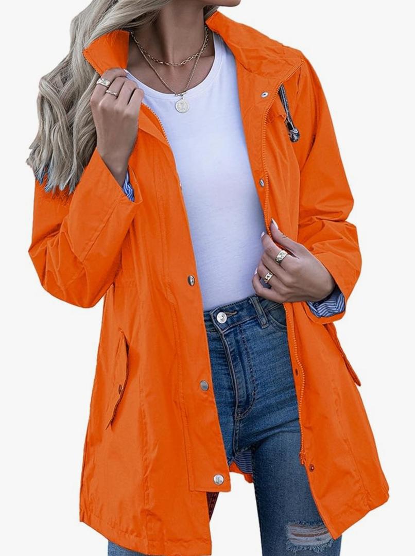 Kikibell Rain Jacket Women Striped Lined Hooded Lightweight Raincoat Outdoor Waterproof Windbreaker, XL