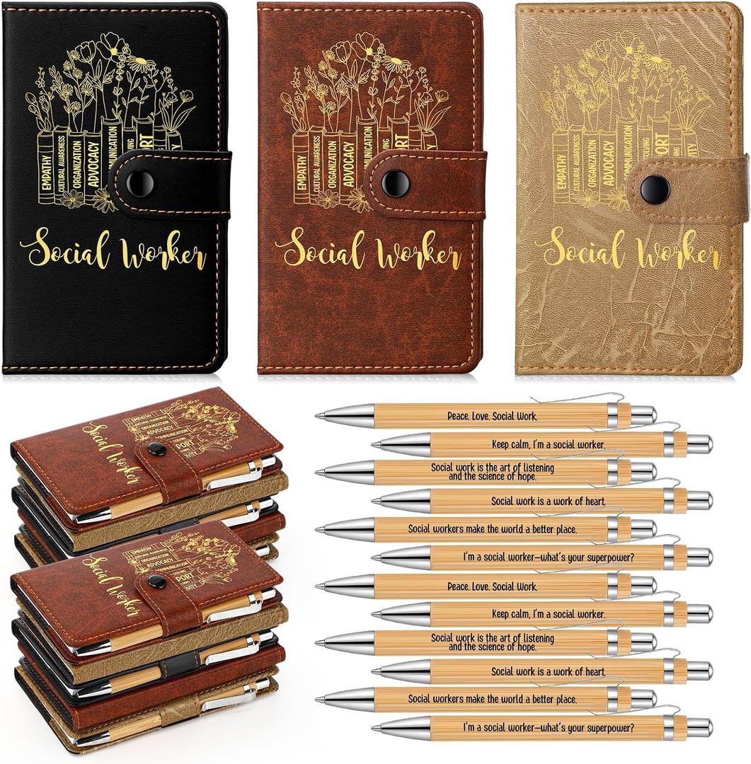 Tenceur 12 Sets Social Worker Appreciation Gifts Bulk Thank You Graduation Gifts for MSW BSW DSW A6 PU Leather Inspirational Notebook with Bamboo Pen Office Supplies (Stylish Style,Mix Color)