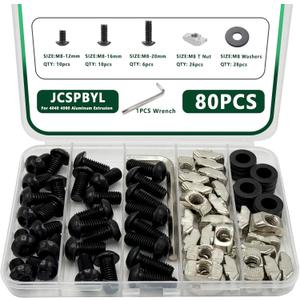 80 pcs M8 T Nut Screws Kit for 4040 4080 Aluminum Extrusion, 26 pcs Black M8x12/16/20mm Hexagon Socket Carbon Steel Screws and 26 pcs M8 Drop in T-Nuts, 28 Washers with Hex Wrench