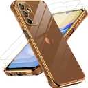 LeYi for Samsung A15 5G Case: with Tempered Glass Screen Protector [2 Pcs]+ Full Camera Lens Protection, Love Heart Plating Luxury Shockproof Case for Galaxy A15 5G, Cute Present for Mom, Brown