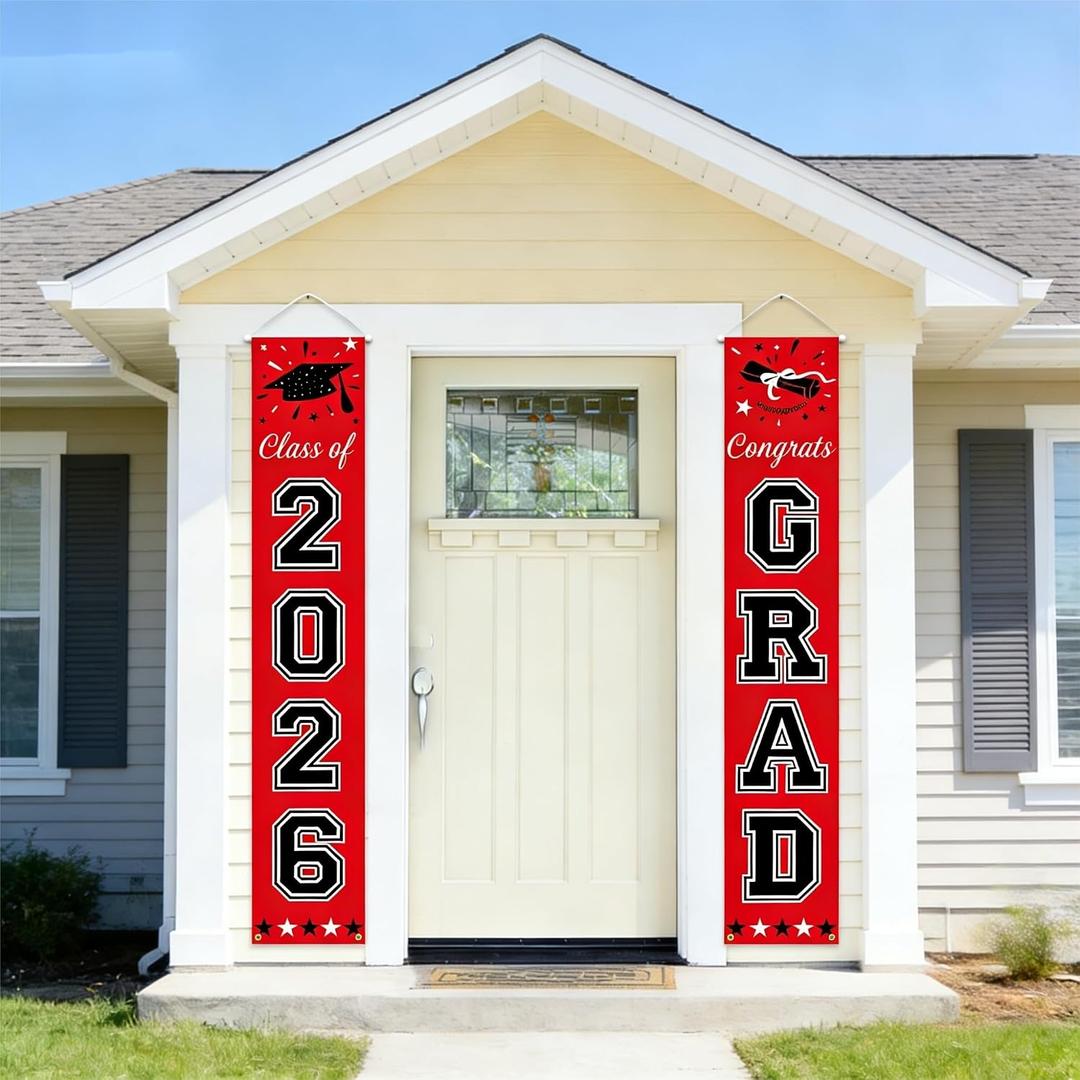 2 x 2026 Graduation Decorations Red Congrats Grad Banner Class of 2026 Decorations Congratulations Banner for Grad Party Decorations High School College Graduation Party Supplies Indoor Outdoor