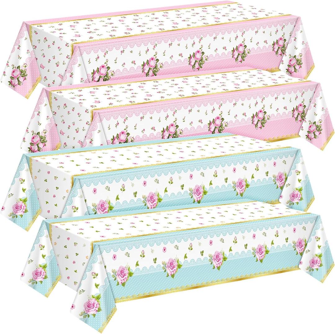 4 Pcs Tea Party Floral Tablecloth 54'' x 108'' Rectangle Flower Table Cloth Disposable Vintage Plastic Table Cover with Flower Design for Spring Wedding Bridal Shower (Pink,Blue)