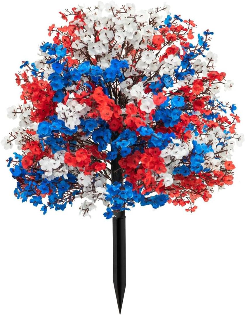 4th of July Babys Breath Artificial Flowers Topiary Ball Tree with Ground Stake, 20inch Red White and Blue Patriotic Flowers for Planter Porch Patio Yard Garden Decor