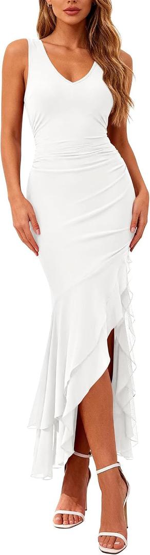 BTFBM Summer Dresses for Women 2026 Wedding Guest Dress Prom | Bodycon Ruched Sleeveless Maxi Dresses,V Neck, Solid, Cocktail Dresses,Homecoming,Party,Brides,Bridal Shower,Summer Clothes (White, S)