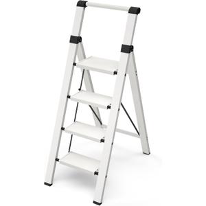 Taranta 4 Step Ladder, Lightweight Aluminum Step Stool with Convenient Handgrip, Folding Ladder with Anti-Slip Pedals, 330lbs Capacity Stepladder for Home, Office, Kitchen - White