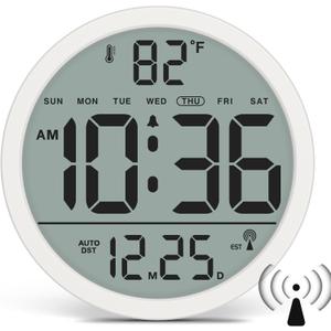 WallarGe Atomic Wall Clock - Never Needs Setting, Digital Wall Clock Battery Operated with Date, Temp, DST, Self-Setting Time, Easy to Read 8 Inch Display for Bedroom, Living Room, Home, Office
