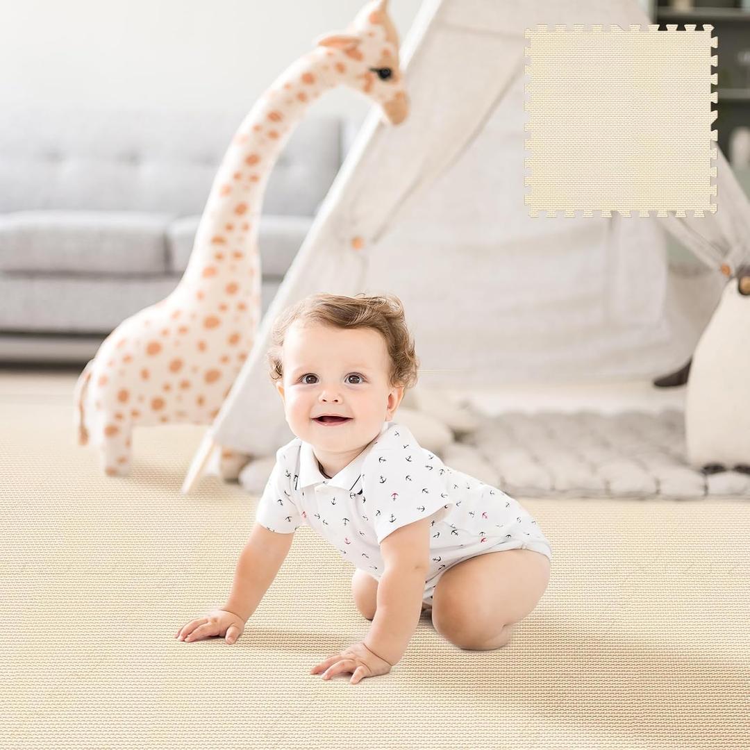Puzzle Play Mat 9 Tiles with 18 Borders, 70.9 x 70.9 Inch Interlocking Foam Floor Mat, 23.6 x 23.6 Inch Thick Stitching Play Mats for Baby Playpen, Living Room, Playroom & Home Gym, Beige, 23.6x23.6- 9pcs