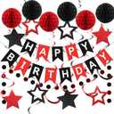 meowtastic Birthday Decorations, Happy Birthday Banner with Honeycomb Balls, Star Hanging Swirl Streamers, Circle Dots Garland, Happy Birthday Party Decorations for Women Men Boys Girls (Red & Black)