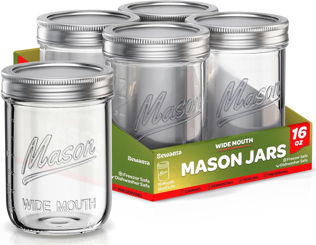 Wide Mouth Mason Jars 16 oz [5 Pack] With Mason Jar Lids and Bands, Mason Jars 16 oz - For Canning, Fermenting, Pickling - Jar Dcor - Microwave/Freeze/Dishwasher Safe.