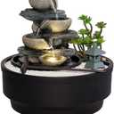 Bumilgar Indoor Tabletop Water Fountain with LED Lights & Pagoda, 4-Tier Rock Cascading Design, Artificial Flowers, White Stones and Rake, Zen Decor for Office/Living Room/Bedroom/Study (8.5" H)