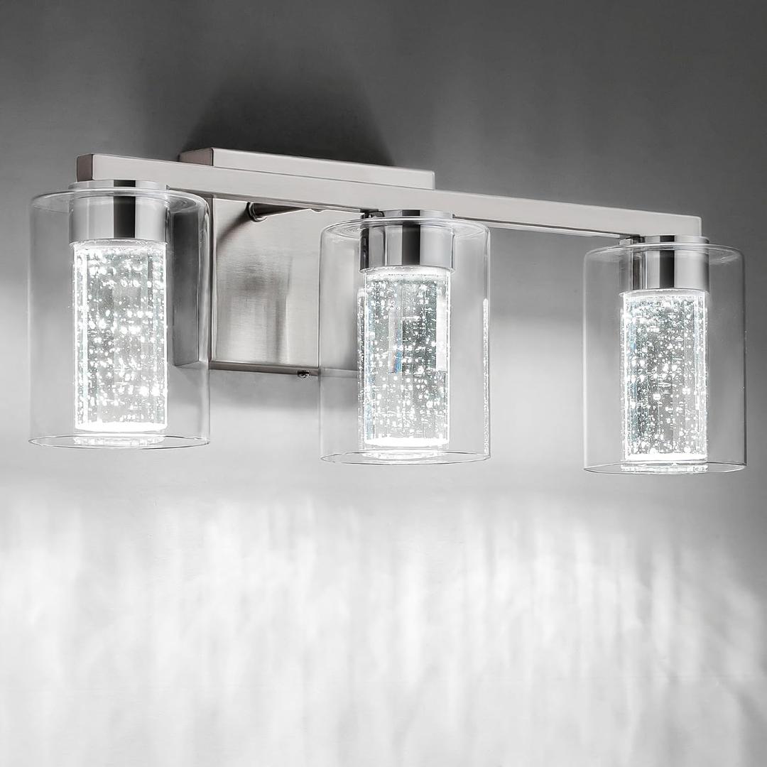 SineRise 3-Light Brushed Nickel Vanity Light with 3 Color Modes (3000K/4000K/6000K), Eye Protection LED Bathroom Light Fixture, Dimmable Modern Wall Light Over Mirror with Clear Glass Shade