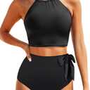 Tempt Me Women High Waisted Bikini Sets - Two Piece Swimsuit High Neck Bathing Suits Tummy Control Swimwear (X-Large, Black)