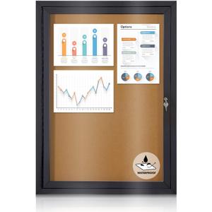 Enclosed Bulletin Board Outdoor Noticeboard with Locking Door, Weather-Resistant, Cork, Black Aluminum Frame, 36 x 24 in