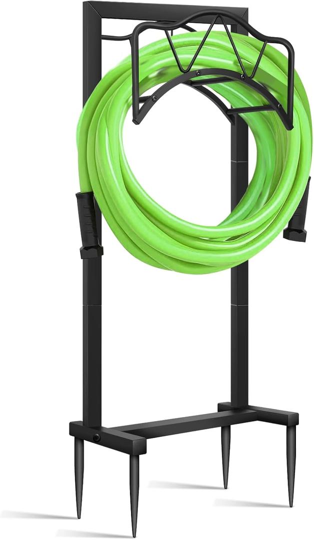 Garden Hose Holder Freestanding Outdoor - Heavy Duty Water Hose Holders for Outside, Metal Hose Stand with 4 Spikers, Hose Hanger Free Standing, Hose Storage for Outside, Holds 150-feet Hose, Black