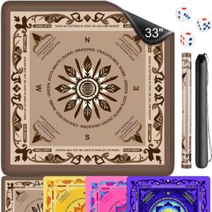 Neoprene Mahjong Mat with Rules, 33x33 Inch Mahjong Mat for Table, Non-Slip Noise Reduction Mah Jongg Mat with Carrying Bag and 3 Dice for Poker, Card, Board, Tile Games, Dominoes (Brown)