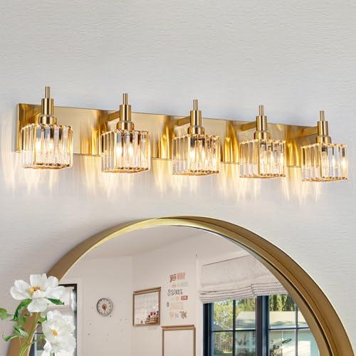 HUOKU Gold Bathroom Vanity Lights, 5 Lights Crystal Bathroom Lighting Fixtures Over Mirror Modern Gold Crystal Wall Light