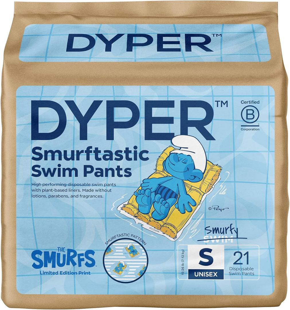 DYPER Smurftastic Baby Swim Diapers (21 Count), Hypoallergenic Plant-Based Baby Swim Diaper | Eco-Friendly & Absorbent Swimming Diapers for Babies, Size S