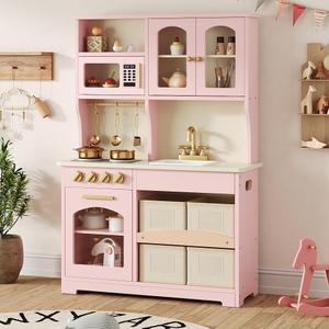 Play Kitchen for Kids, Wooden Toy Kitchen Set with Smart Storage & Accessories, Toddler Kitchen Playset with Stove & Oven, Pretend Play Set, Gift for Ages 3-8, Pink