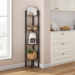Tajsoon Tall Corner Book Shelf 4 Tier 53" Multipurpose Corner Standing Shelf with Metal Frame, Bedroom, Living Room, Office, Kitchen, Rustic Brown