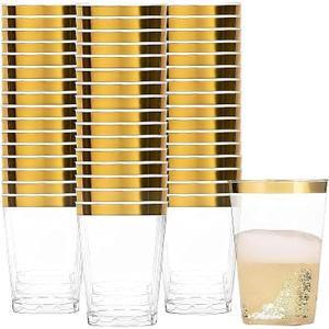 Bluesky Elegant Gold Rim Plastic Tumblers - 8oz Crystal Clear Plastic Cups (50 Count) Disposable Clear Cups For Wine & Cold Beverages | Perfect Elegant Cocktail Cups for Weddings & Parties (EXP 11/30/26)