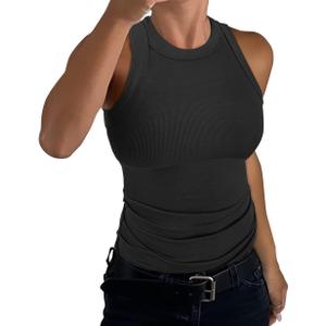 GEMBERA Womens Sleeveless Racerback High Neck Casual Basic Cotton Ribbed Fitted Tank Top (Medium, Black)