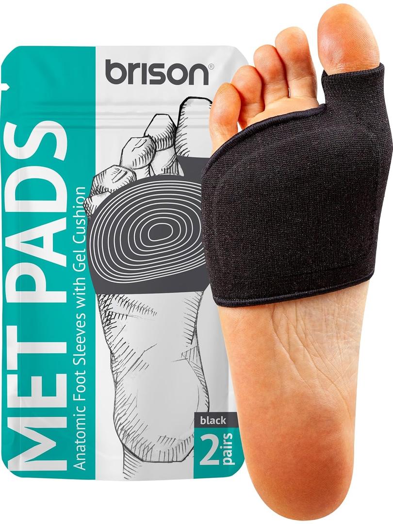 Brison Metatarsal Pads for Women and Men Ball of Foot Cushion - Gel Sleeves Cushions Pad - Fabric Soft Socks for Supports Feet Pain Relief - 2 Pairs (Black, Small)