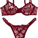 Lilosy Sexy Underwire Cute Push Up Strappy Embroidered Mesh Sheer Lingerie Set See Through Panty Bra (Red, M)
