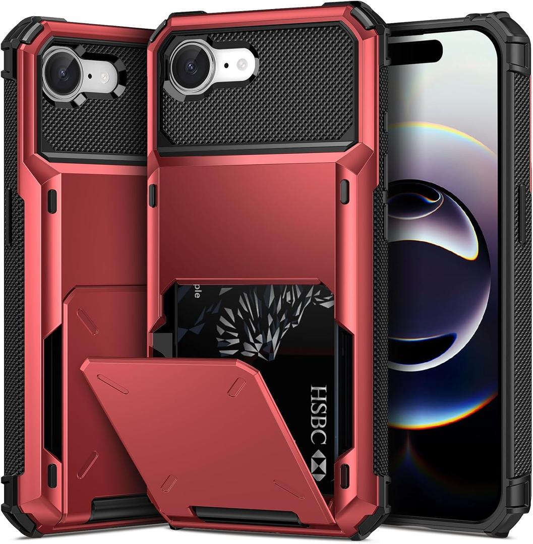 TOPAUX for iPhone 17e 16e Wallet Case Hold 1 to 5 Credit Card Holder Flip Cover ID Slot Back Pocket Compartment Dual Layer Shockproof TPU Bumper Anti-Scratch Protective Hard Shell. Black/Red
