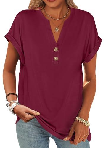 ANRABESS Womens Short Sleeve Henley Tops V Neck Dressy Casual Loose Fit Shirts Summer Flowy Blouses 2025 Trendy Clothes Burgundy L