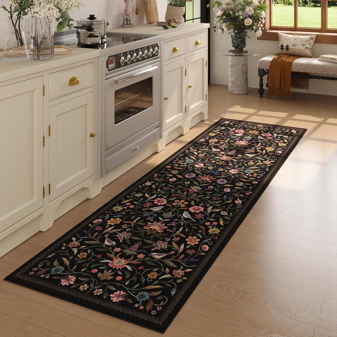 Vintage Medallion Floral Kitchen Runner 2x6, Machine Washable Rug, Soft Low Pile, Non-Slip Carpet for Hallways, Laundry, Bedroom, Bathroom, Entryway | Black