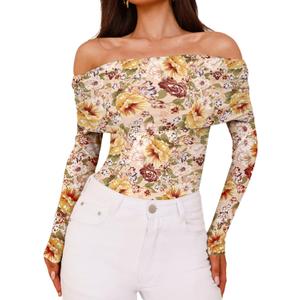 Womens Off Shoulder Long Sleeve Floral Mesh Tops Slim Fit Shirts Tops Fall Outfits 2026 (Large)