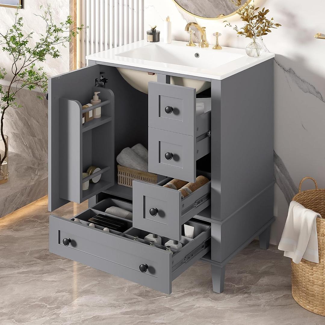 Merax 24" Bathroom Vanity with Integrated Ceramic Sink, Door-Mounted Double-Layer Shelf, Soft-Close Drawers & Cabinet, Black Zinc Handles, Compact Single Vanity for Bathroom, Grey, 24" W x 18.3" D x 34" H