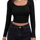 MEROKEETY Women's Long Sleeve Square Neck Crop Top Ribbed Slim Fitted Y2K Casual T-Shirt Tops