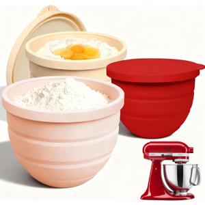 Silicone Bowl Insert for Kitchen Aid 5 Qt Tilt-Head - Patented Design Bowl Liner, 3pack with Lids, Resistant to collapse Thicker Bowl Insert, Foldable, Heat/Cold Resistant (Red/Beige/Pink)
