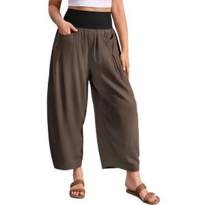 TARSE Womens Linen Harem Pants Loose Fit Boho Casual Trousers Wide Leg Lounge Pants with Pockets (X-Large, Dark Coffee)