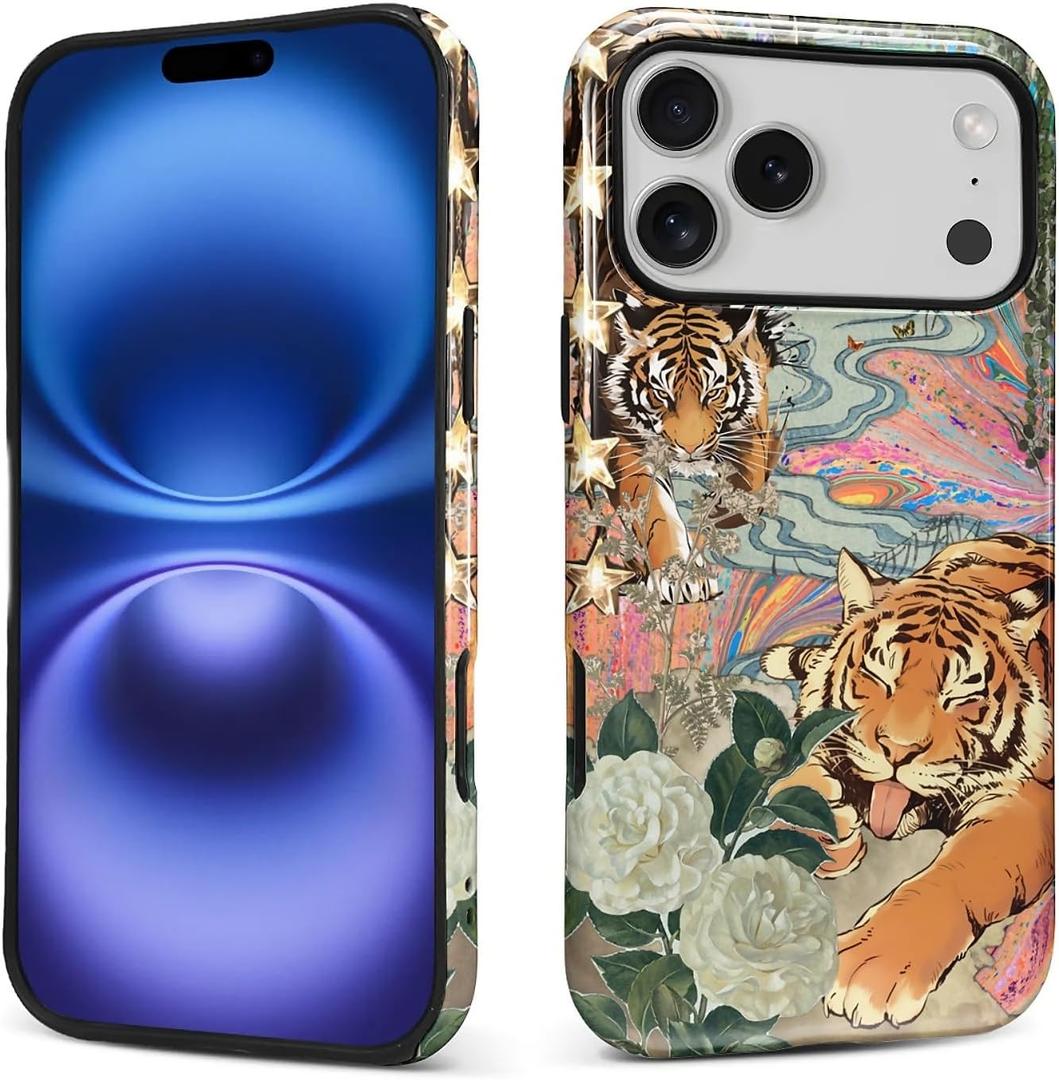 Case for iPhone 17 Pro Max,Hybrid Heavy Duty 2 in 1 Full Body Rugged Shockproof Protection Glossy Case for iPhone 17 Pro Max Fun Tiger Butterfly Collage