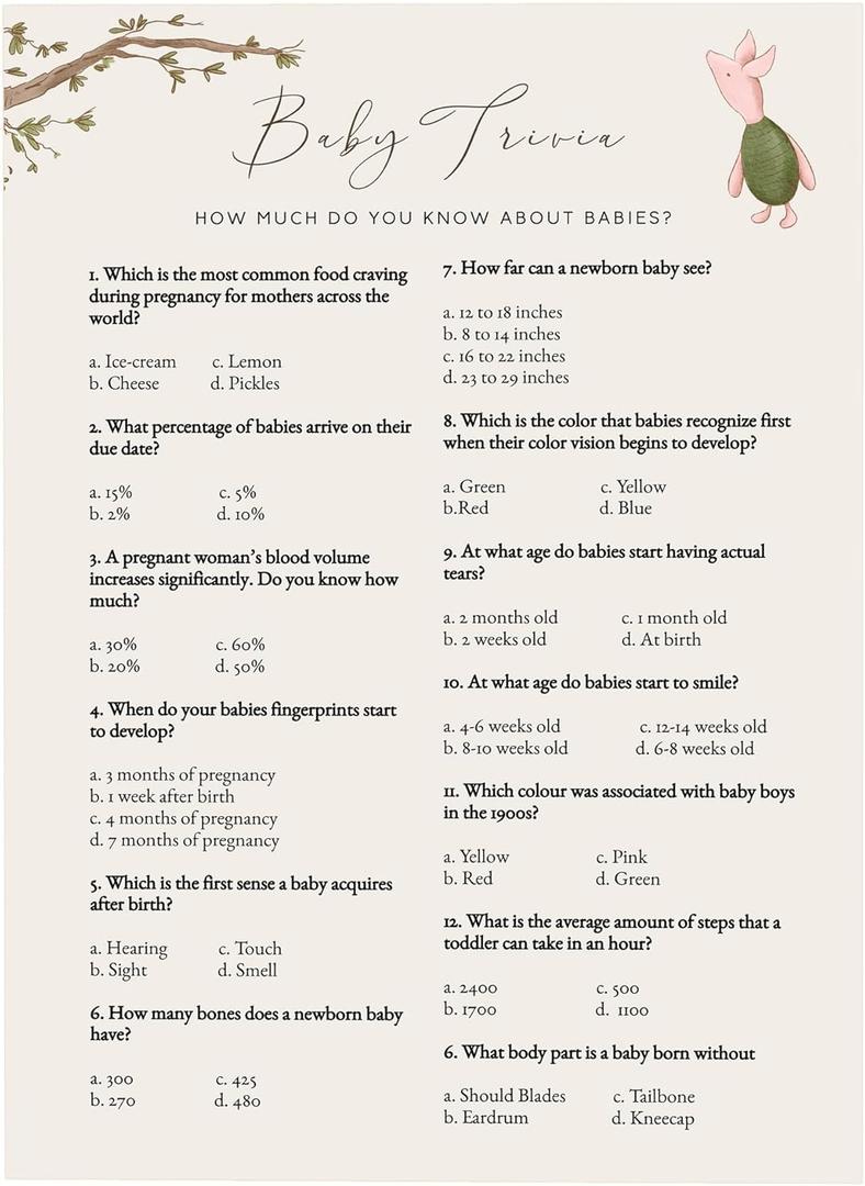 Pooh Bear Baby Shower Games, Baby Trivia, Set of 30, Party Favors & Activities, Decorations