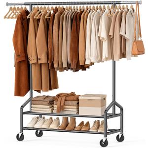 Heavy Duty Clothes Rack, Rolling Clothing Rack Load 650 LBS for Hanging Clothes with 2 Sturdy Shelves, Metal Garment Rack with Wheels for Bedroom, Laundry Room, Retail Store, Black