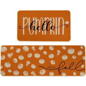 Fall Thanksgiving Kitchen Rugs Sets of 2,17x29 + 17x47 Inch,Hallo Pumpkin Orange Kitchen Mats,Non-Slip,Low Profile Floor Mat for Autumn Home Decor