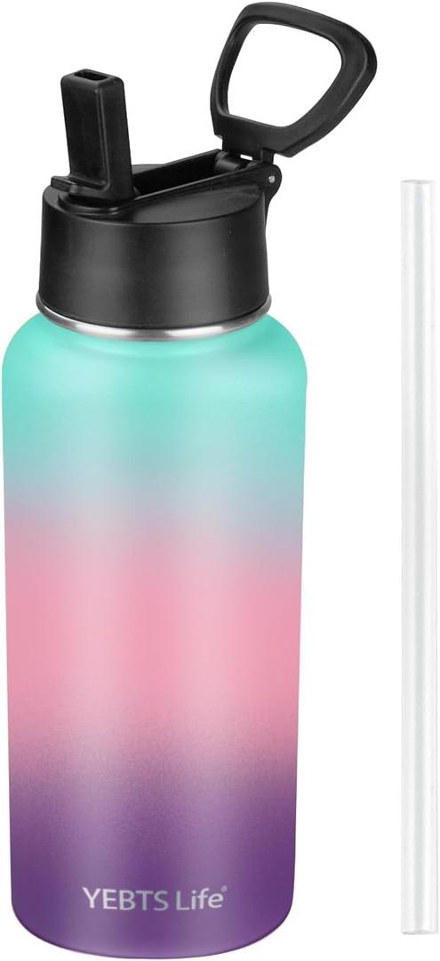 Insulated Water Bottle With Straw, 32 oz Vacuum Insulated Stainless Steel Sports Water Flask, Keeps Cold and Hot, Metal Water Bottle Wide Mouth for Gym Travel Camping (lucky Rainbow)
