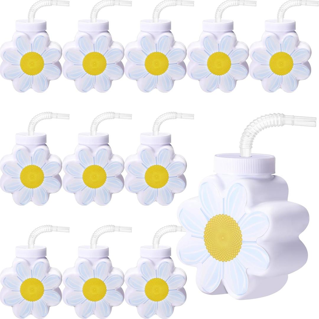 Domensi 12 Pcs 10oz Daisy Flower Cups with Lids and Straws for Birthday, Themed Party, Wedding Baby Shower Party Decorations Supplies