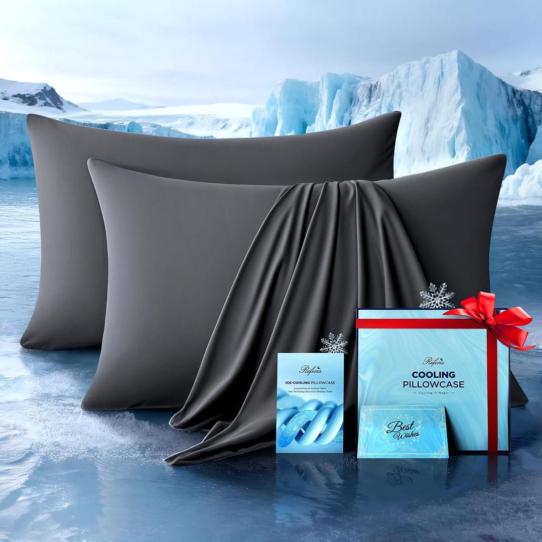 Ultra-Chill Cooling Pillowcase Set of 2 for Hot Sleepers, Softer Than Silk Pillow Cases for Protecting Hair & Skin, Breathable Bed Pillow Covers w/Zipper, Gifts for Women Men(Dark Gray, King)