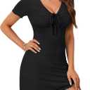 Rooscier Women's Ruched Lace Up Ruffle A Line Deep V Neck Short Sleeve Sexy Mini Dress (Black, S)