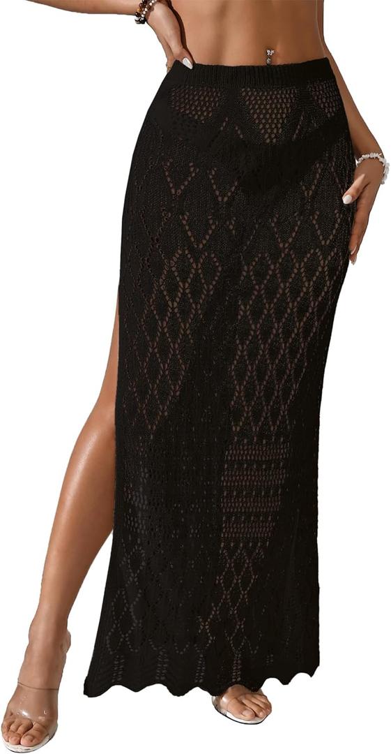 BreathSunny Women's Crochet Knit Elastic Waist Beach Dress 2026 Summer Outfits Side Slit Bathing Suit Cover Up Maxi Skirt (Large)